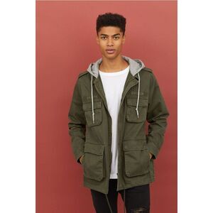 H&M Divided Jacket Mens Size M Army Green Hooded Utility Parka Streetwear Casual